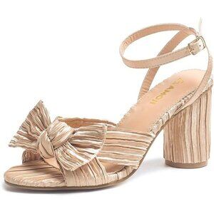 🆕Women Cream Ankle Strap Bowknot Chunky Wedding Party Dress Shoes Heeled Sandal